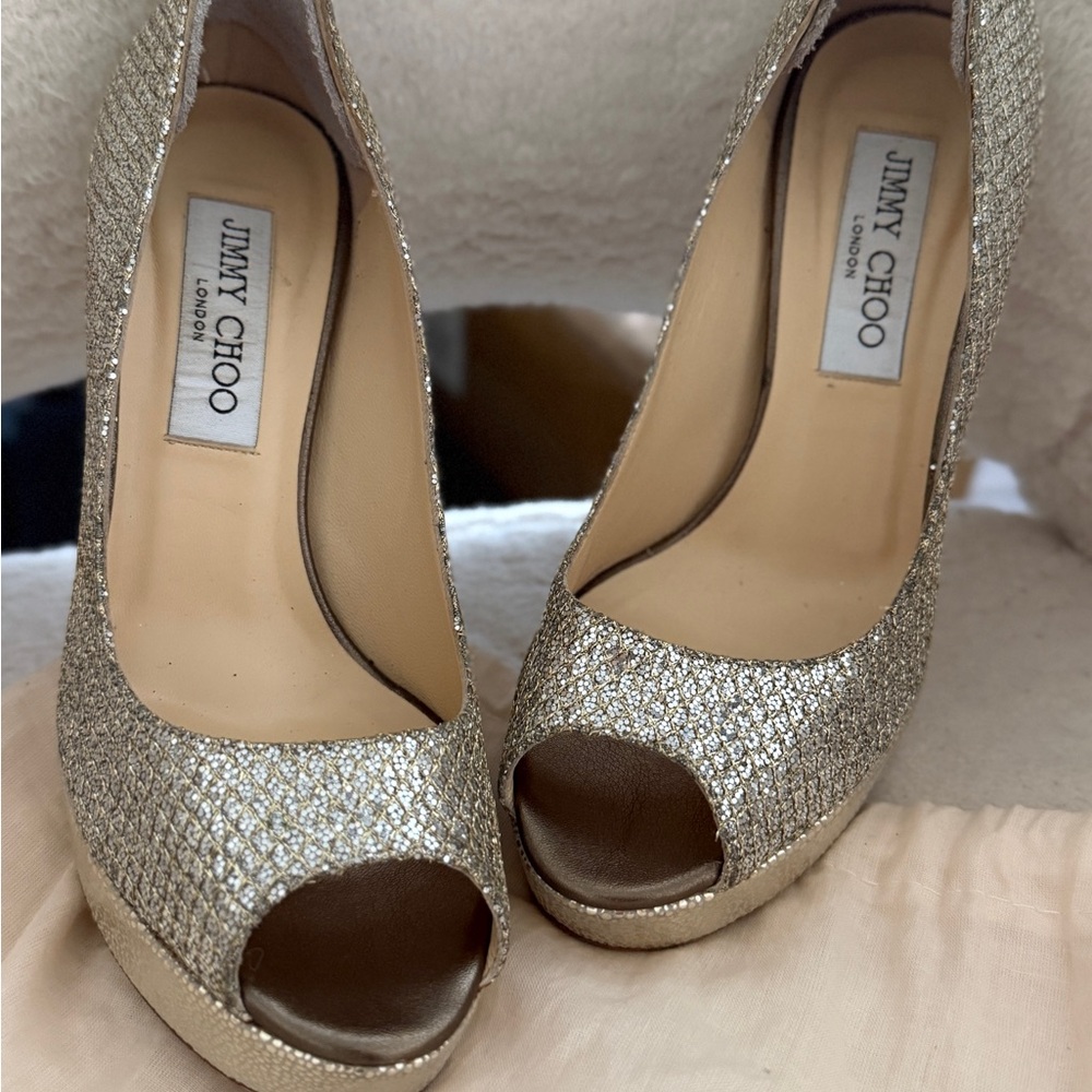 Jimmy Choo Glittering Gold Peep Toe Heels